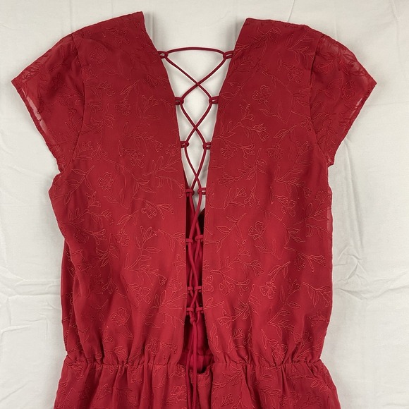 Lovers And Friends Red Lace Up Romper Small Floral Embroidered Ruffle Festival - Picture 6 of 8